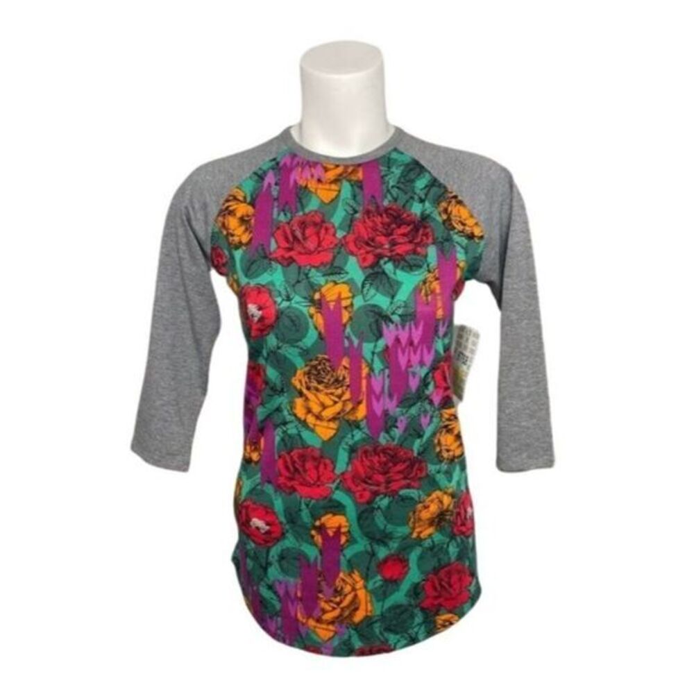 LuLaRoe RANDY Green Red Floral Roses‎ with Raglan Sleeves sz XXS NEW